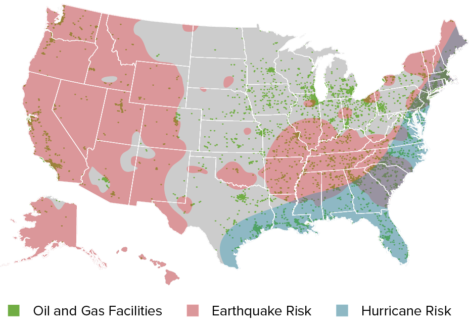 US Oil and Gas Facility Locations with Hurricane and Seismic Overlay